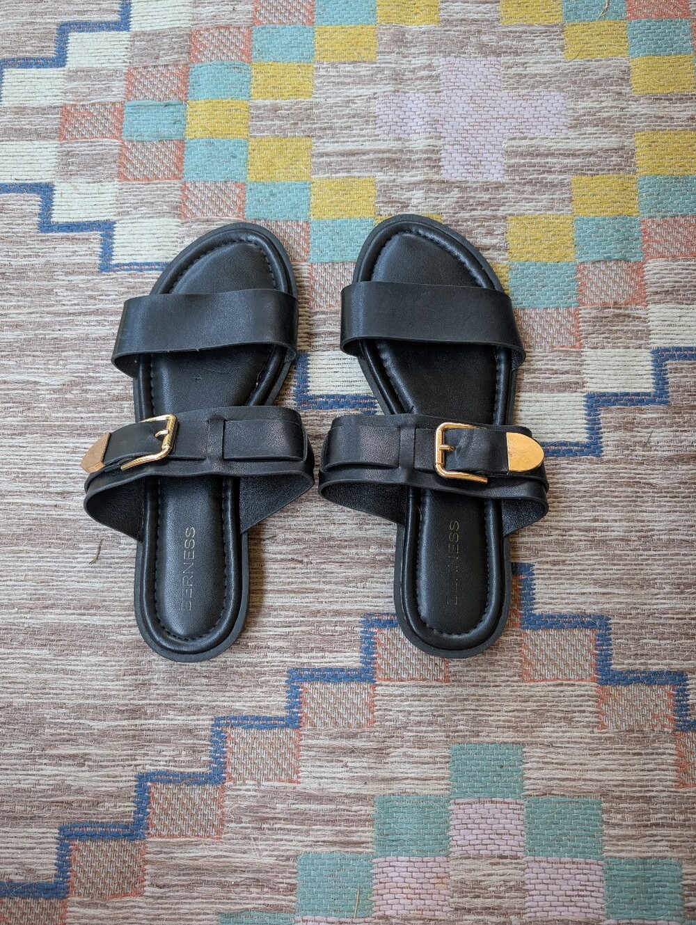 Black Slide Sandals with Gold Buckle Accent